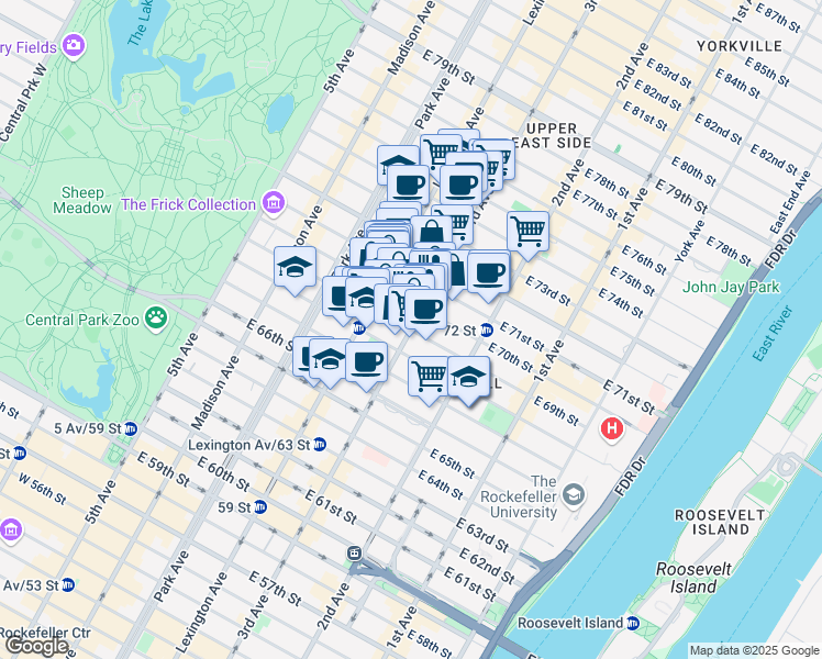map of restaurants, bars, coffee shops, grocery stores, and more near East 69th Street in New York