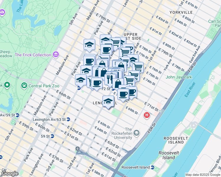 map of restaurants, bars, coffee shops, grocery stores, and more near 233 East 70th Street in New York