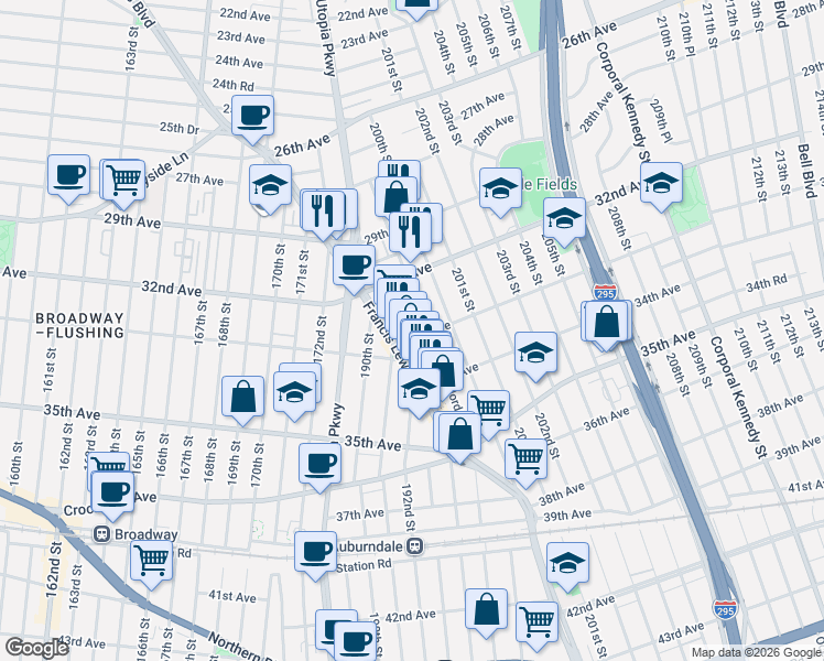 map of restaurants, bars, coffee shops, grocery stores, and more near 32-37 Jordan Street in Queens