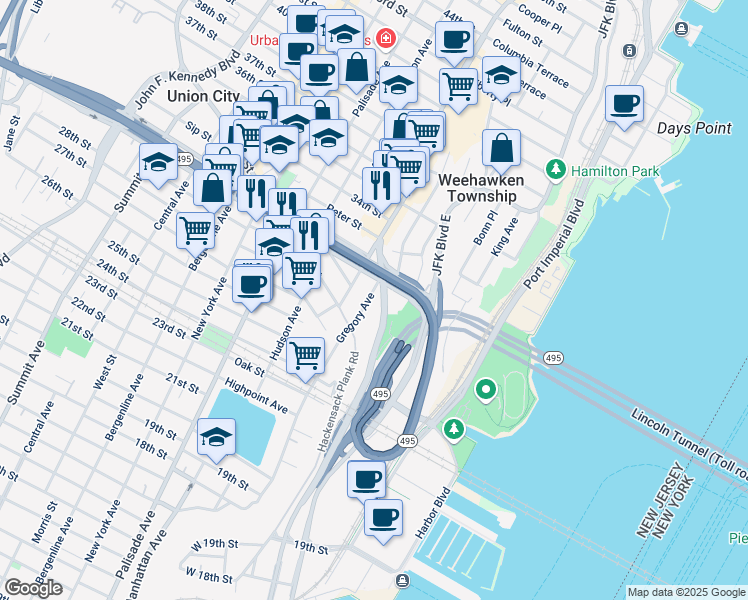 map of restaurants, bars, coffee shops, grocery stores, and more near in Weehawken