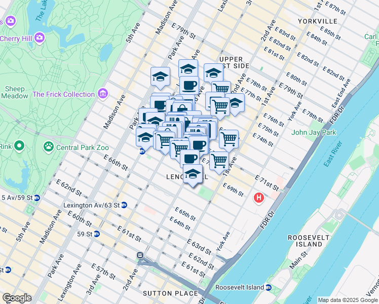 map of restaurants, bars, coffee shops, grocery stores, and more near 221 East 70th Street in New York