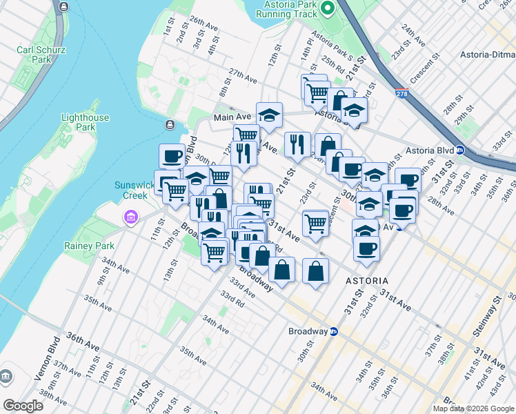 map of restaurants, bars, coffee shops, grocery stores, and more near 14-28 30th Drive in Queens