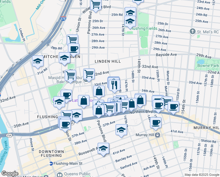 map of restaurants, bars, coffee shops, grocery stores, and more near 33-01 146th Street in Queens