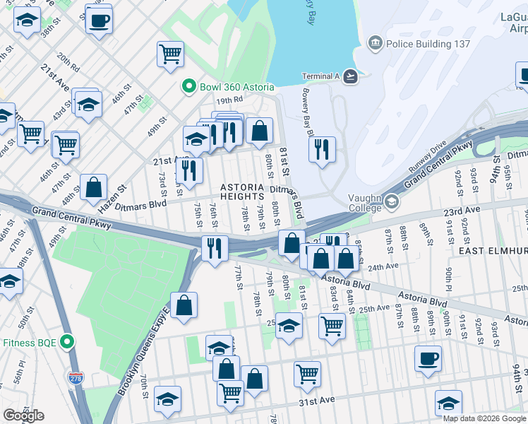 map of restaurants, bars, coffee shops, grocery stores, and more near in Queens