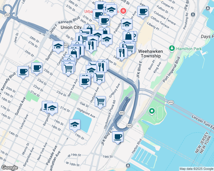 map of restaurants, bars, coffee shops, grocery stores, and more near 562 Hudson Avenue in Weehawken