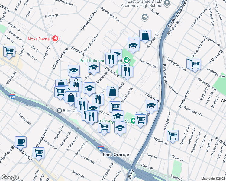 map of restaurants, bars, coffee shops, grocery stores, and more near 12 Melmore Gardens in East Orange