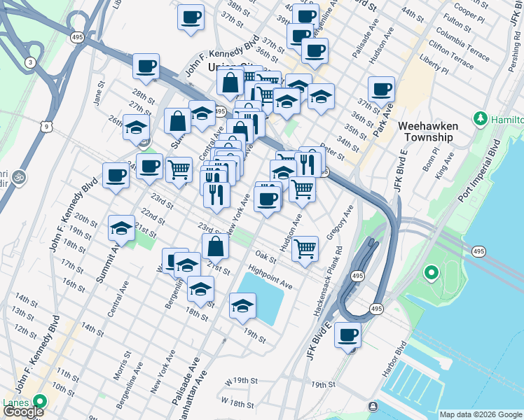 map of restaurants, bars, coffee shops, grocery stores, and more near 311 27th Street in Union City