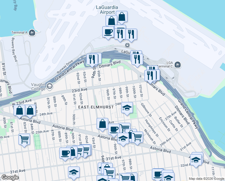 map of restaurants, bars, coffee shops, grocery stores, and more near 96-19 23rd Avenue in Queens