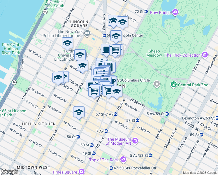 map of restaurants, bars, coffee shops, grocery stores, and more near Columbus Circle in New York