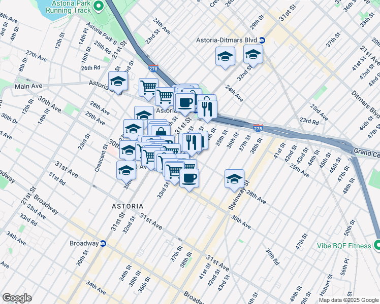 map of restaurants, bars, coffee shops, grocery stores, and more near 25-55 32nd Street in Queens