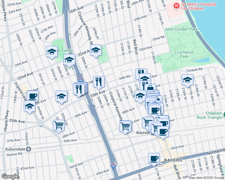 map of restaurants, bars, coffee shops, grocery stores, and more near 34-32 210th Street in Queens