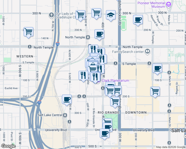 map of restaurants, bars, coffee shops, grocery stores, and more near 64 South Rio Grande Street in Salt Lake City