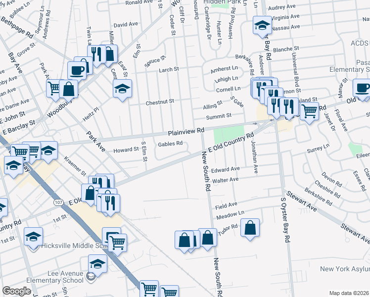 map of restaurants, bars, coffee shops, grocery stores, and more near 33 Gables Road in Hicksville