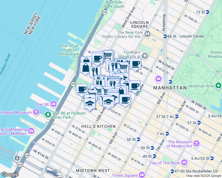 map of restaurants, bars, coffee shops, grocery stores, and more near 498 West 55th Street in New York