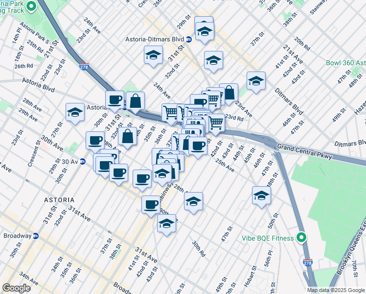 map of restaurants, bars, coffee shops, grocery stores, and more near 24-65 38th Street in Queens
