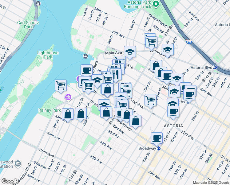 map of restaurants, bars, coffee shops, grocery stores, and more near 14-14 31st Avenue in Queens