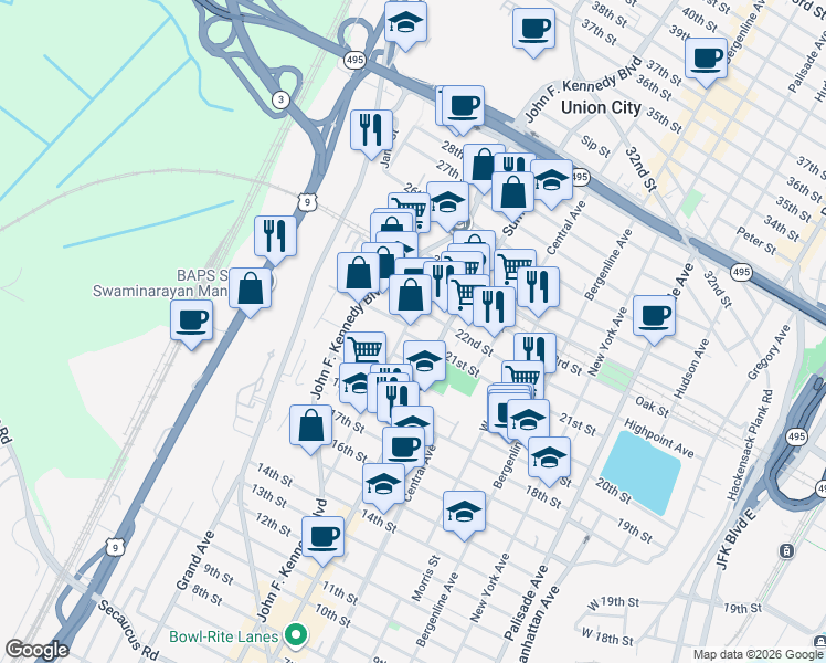 map of restaurants, bars, coffee shops, grocery stores, and more near 825 22nd Street in Union City