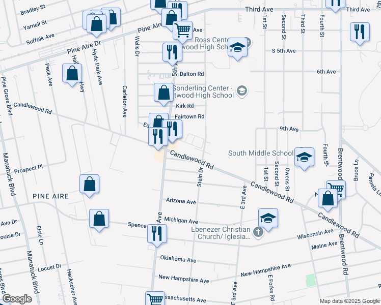 map of restaurants, bars, coffee shops, grocery stores, and more near 1769 5th Avenue in Bay Shore