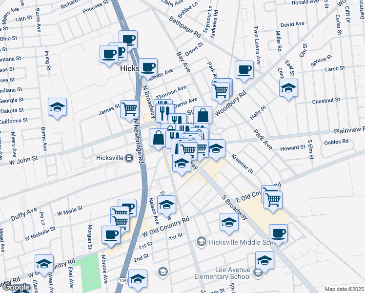 map of restaurants, bars, coffee shops, grocery stores, and more near Frederick Street in Hicksville