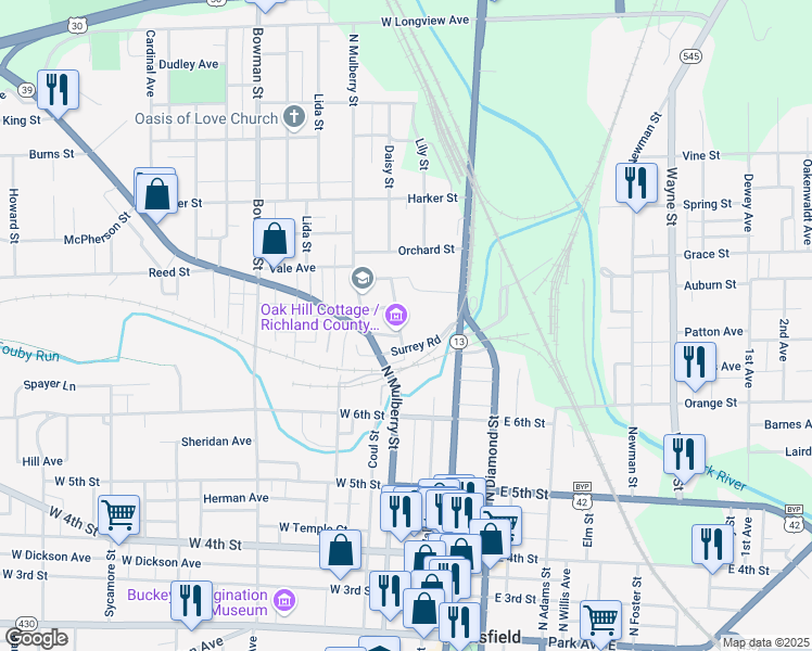 map of restaurants, bars, coffee shops, grocery stores, and more near 375 North Main Street in Mansfield