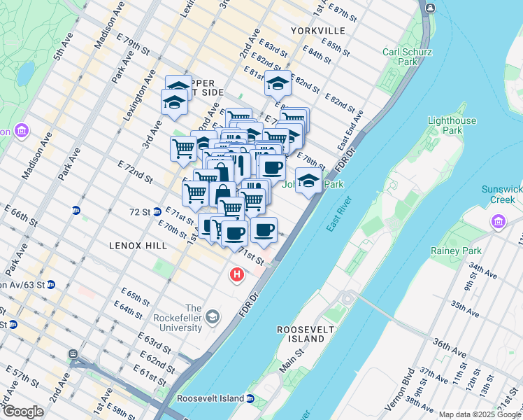 map of restaurants, bars, coffee shops, grocery stores, and more near 1380 York Avenue in New York