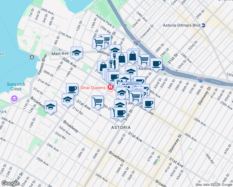 map of restaurants, bars, coffee shops, grocery stores, and more near 27-10 30th Avenue in Queens