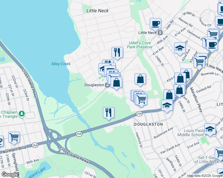 map of restaurants, bars, coffee shops, grocery stores, and more near 40-29 235th Street in Queens