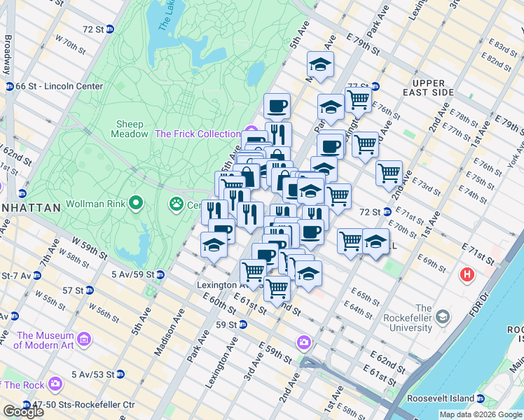 map of restaurants, bars, coffee shops, grocery stores, and more near 650 Park Avenue in New York