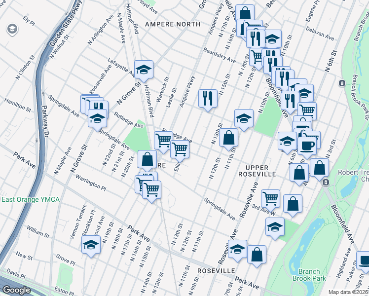map of restaurants, bars, coffee shops, grocery stores, and more near 81 Ellington Street in East Orange