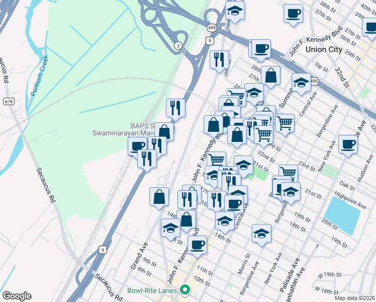 map of restaurants, bars, coffee shops, grocery stores, and more near 1906 Paterson Plank Road in North Bergen
