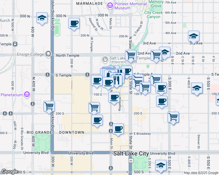 map of restaurants, bars, coffee shops, grocery stores, and more near 40 South Main Street in Salt Lake City