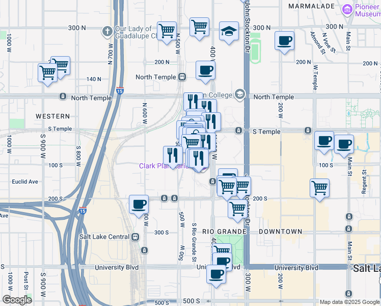 map of restaurants, bars, coffee shops, grocery stores, and more near 34 South Rio Grande Street in Salt Lake City
