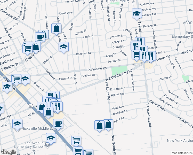 map of restaurants, bars, coffee shops, grocery stores, and more near 33 Gables Road in Hicksville