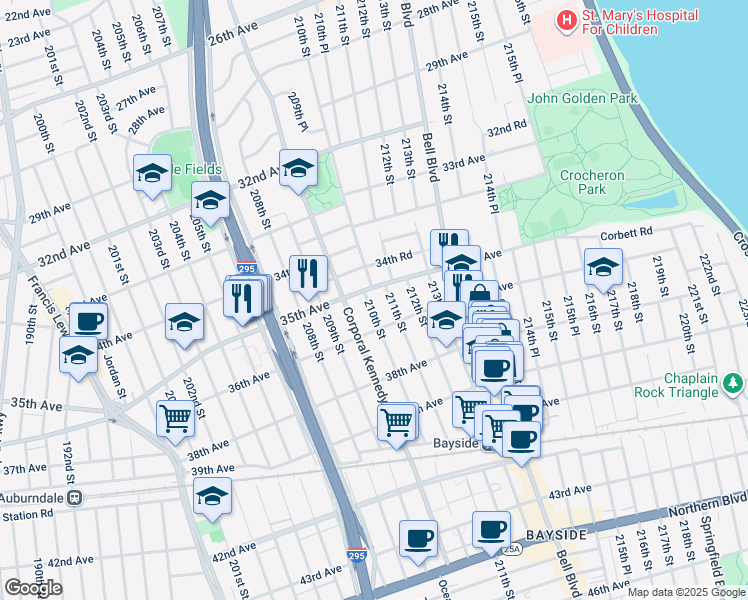 map of restaurants, bars, coffee shops, grocery stores, and more near 34-32 210th Street in Queens