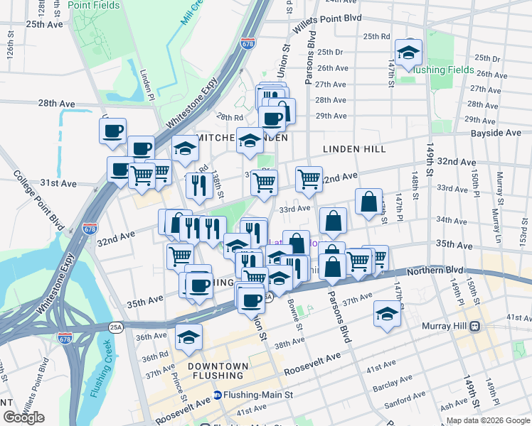 map of restaurants, bars, coffee shops, grocery stores, and more near 32-18 Union Street in Queens