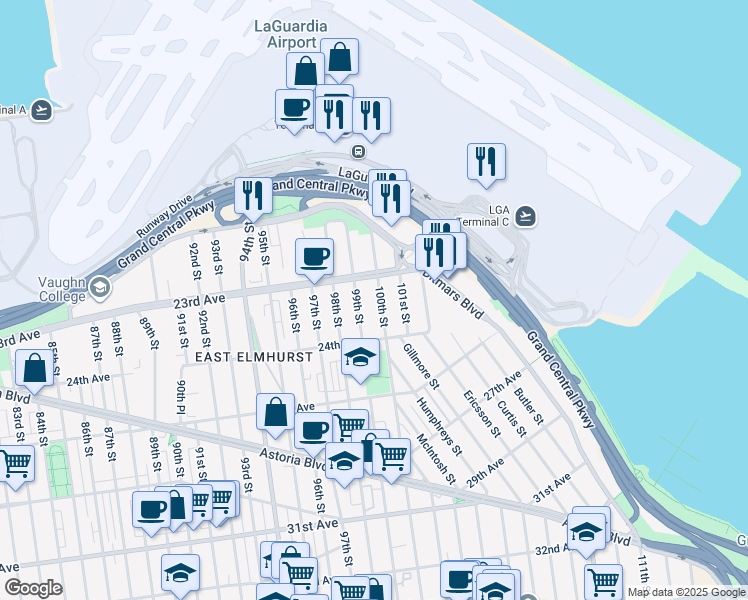 map of restaurants, bars, coffee shops, grocery stores, and more near 99-20 23rd Avenue in Queens