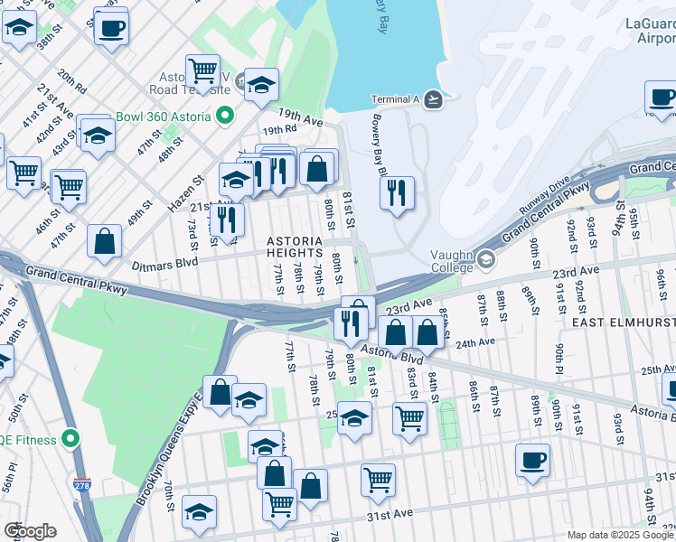 map of restaurants, bars, coffee shops, grocery stores, and more near 22-18 80th Street in Queens