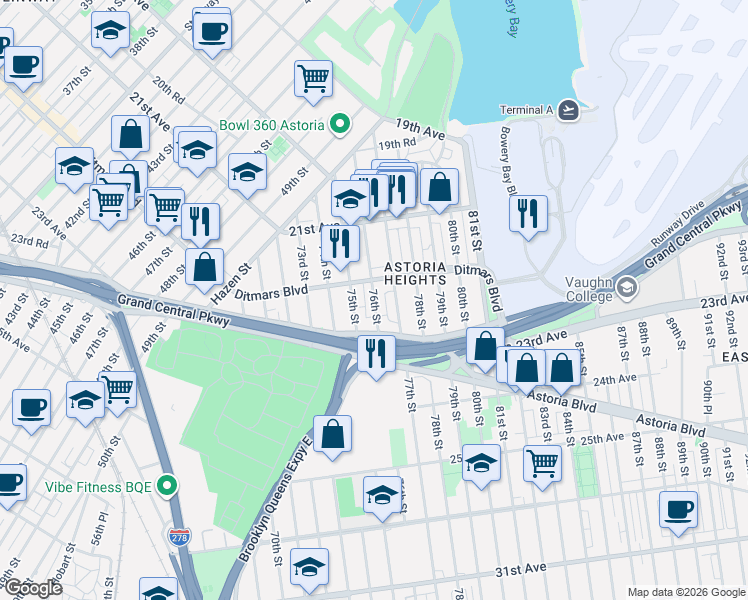 map of restaurants, bars, coffee shops, grocery stores, and more near in Queens