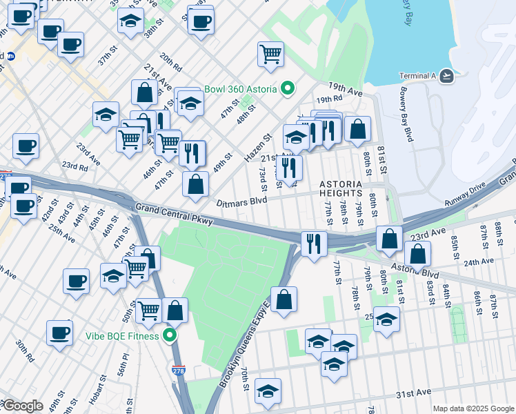 map of restaurants, bars, coffee shops, grocery stores, and more near 73-05 Ditmars Boulevard in Queens