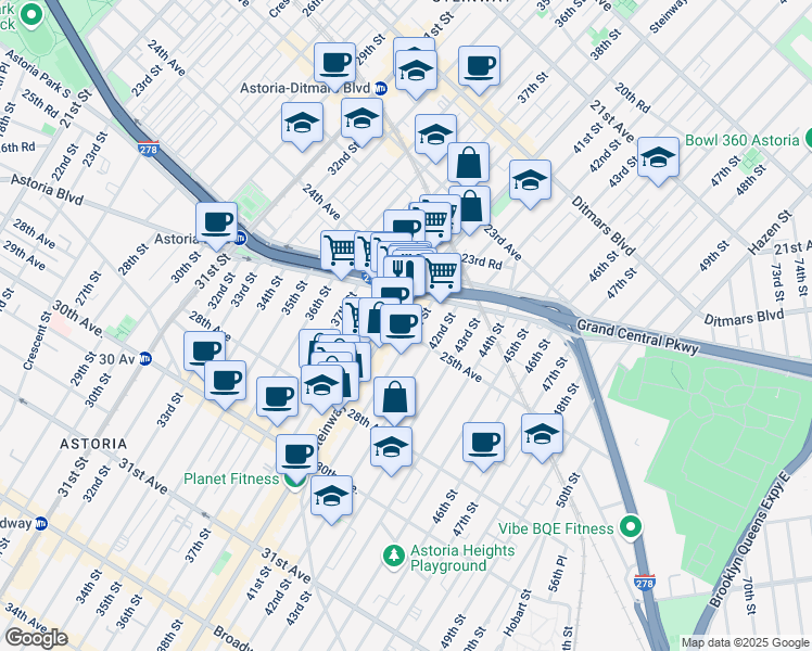 map of restaurants, bars, coffee shops, grocery stores, and more near 24-19 Steinway Street in Queens