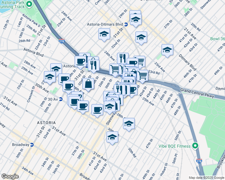 map of restaurants, bars, coffee shops, grocery stores, and more near 25-25 36th Street in Queens