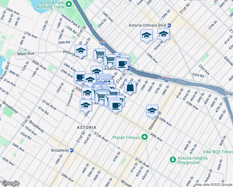 map of restaurants, bars, coffee shops, grocery stores, and more near 30-15 Newtown Avenue in Queens