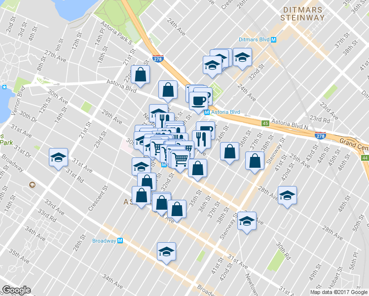 map of restaurants, bars, coffee shops, grocery stores, and more near 30-15 Newtown Avenue in Queens