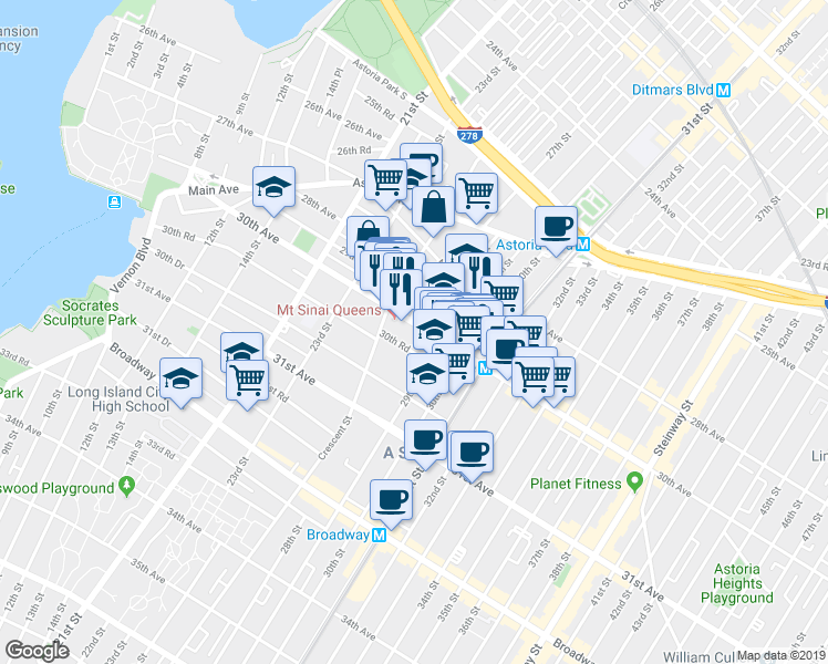 map of restaurants, bars, coffee shops, grocery stores, and more near 25-13 30th Avenue in Queens