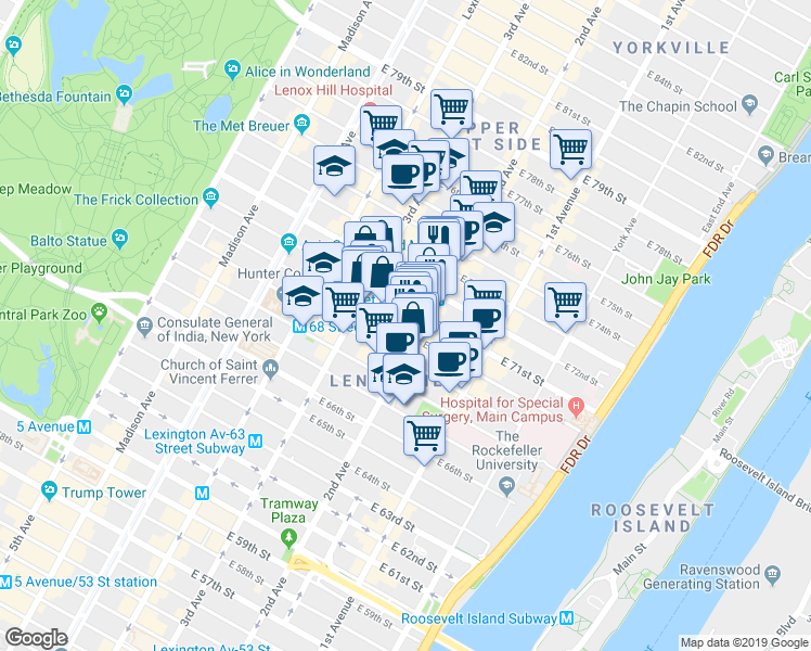 map of restaurants, bars, coffee shops, grocery stores, and more near in New York