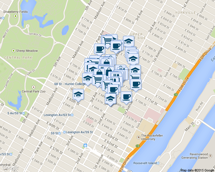 map of restaurants, bars, coffee shops, grocery stores, and more near 219 East 71st Street in New York