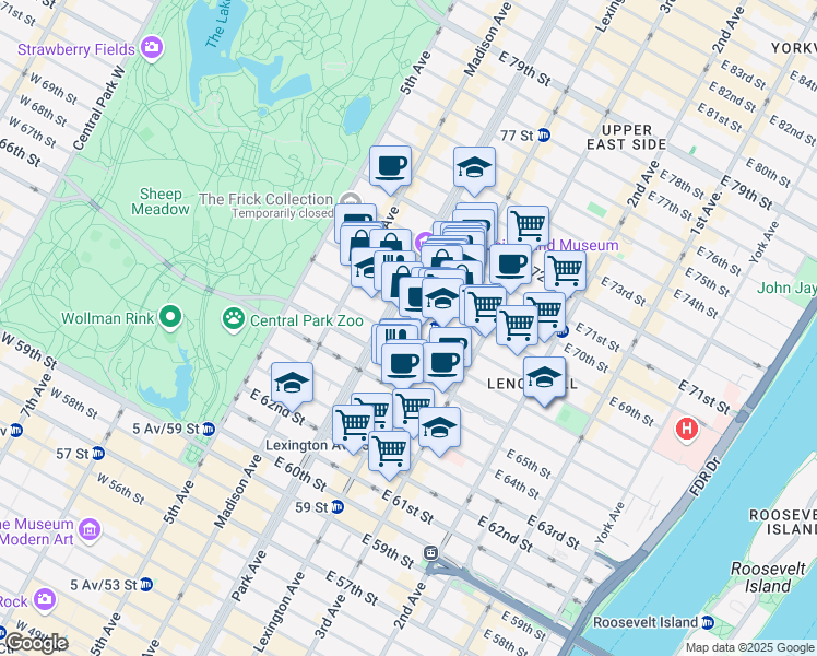 map of restaurants, bars, coffee shops, grocery stores, and more near 695 Park Avenue in New York