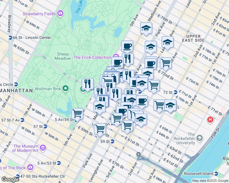 map of restaurants, bars, coffee shops, grocery stores, and more near 786 Madison Avenue in New York