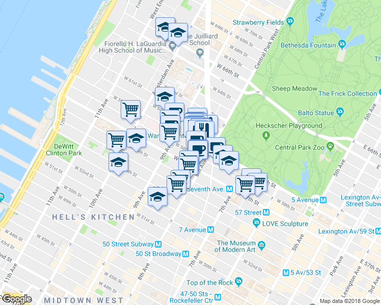 map of restaurants, bars, coffee shops, grocery stores, and more near in New York
