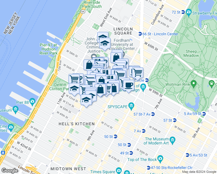 map of restaurants, bars, coffee shops, grocery stores, and more near 425 West 57th Street in New York